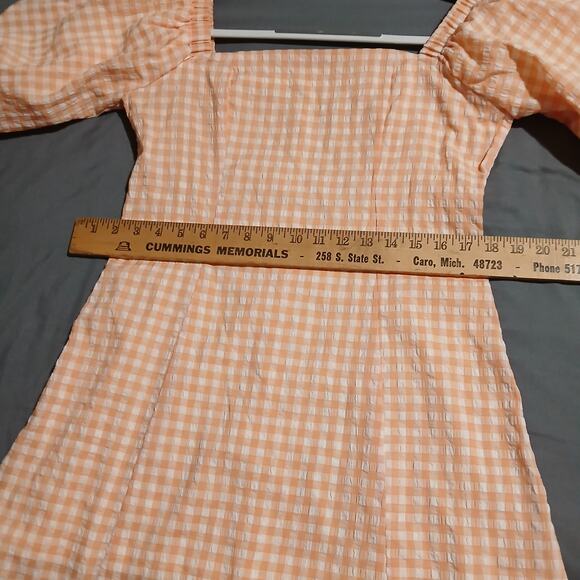 MABLE large peach seersucker gingham short puff sleeve fully lined mini-dress - Picture 9 of 14